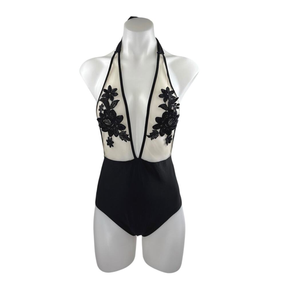 Elegant Black and White Halter Swimsuit